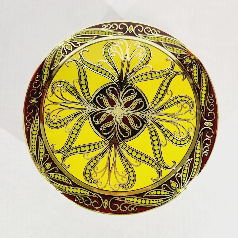 Decorative Nut Tin Filigree Bright Yellow Round Box Storage Container Embossed